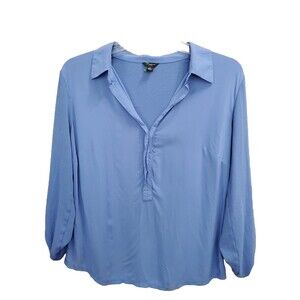Ann Taylor Blue Collared Roll-Tab Sleeve Popover Blouse Size Medium